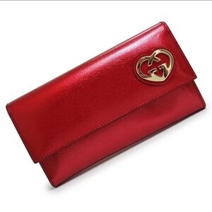 Gucci Red Leather Long Wallet with Gold Heart Detail – 100% Authentic